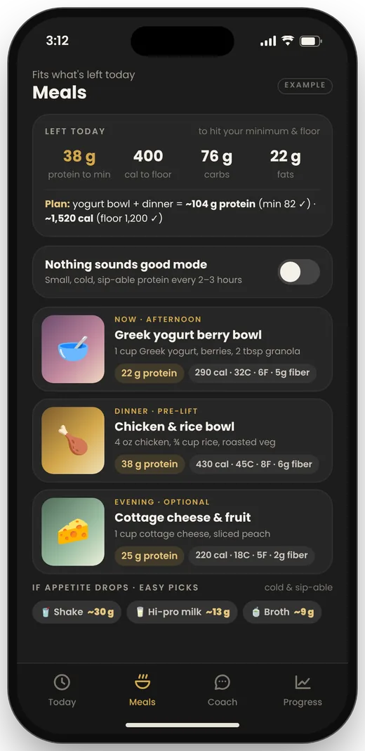 Meals screen: what's left today and protein-first meal ideas, including a low-appetite mode